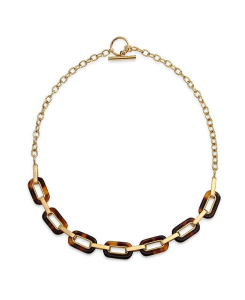 Fashion Golden Brown Oval Link Faux Tortoise Shell Collar Necklace For Women Teen Gold Plated Stainless Steel Chain Toggle Clasp