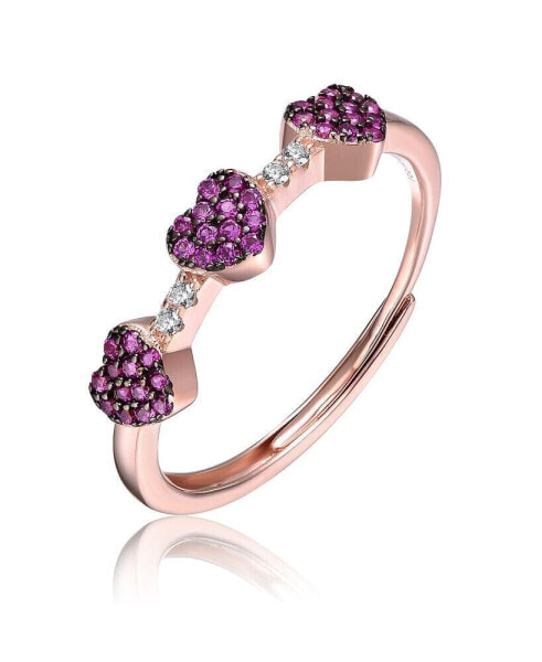 Sterling Silver 18k Rose Gold Plated with Ruby & Cubic Zirconia Pave Hearts Promise Adjustable Ring