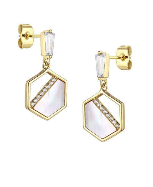 Sterling Silver 14k Gold Plated with Mother of Pearl & Cubic Zirconia Hexagon Dangle Earrings