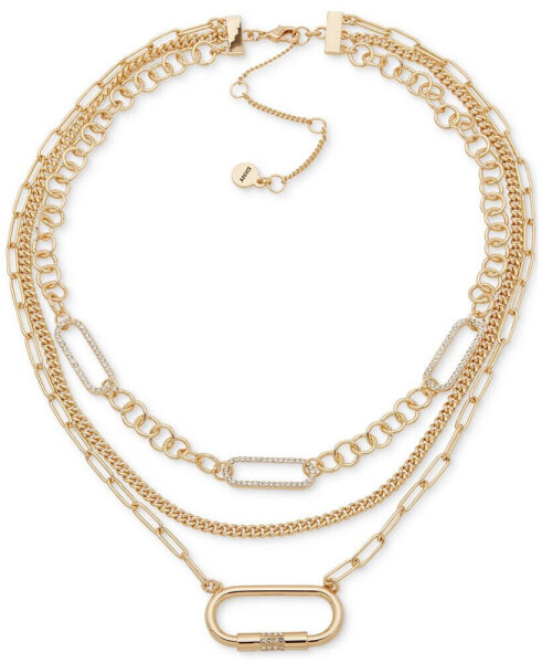 Gold-Tone Crystal Oval Pendant Three-Row Mixed Chain Necklace, 16" + 3" extender