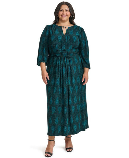 Plus Size Printed Tie-Neck Maxi Dress