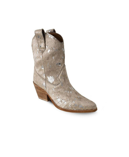 Women's Beige Leather Western Boots With Silver Splashes, Calf By