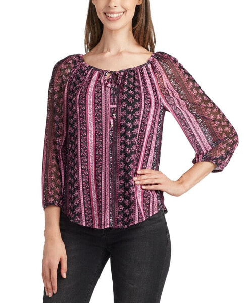 Juniors' Printed Round-Neck Bubble-Sleeve Top