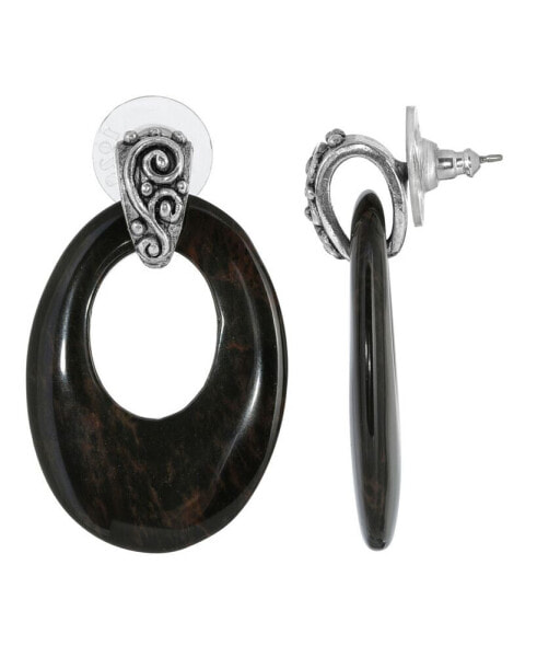 Pewter Semi Precious Oval Obsidian Hoop Earrings