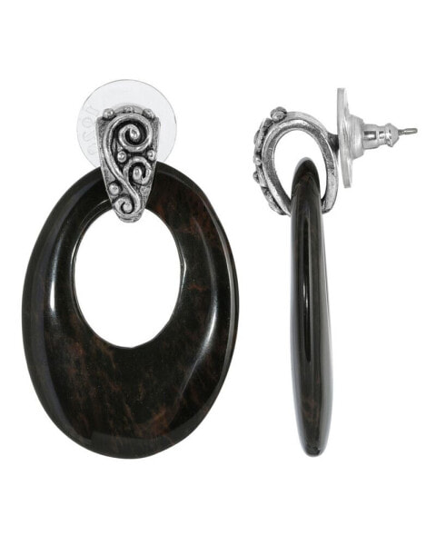 Серьги из Оникса 2028 Pewter Oval Obsidian Hoops