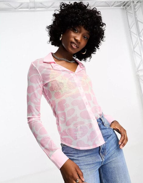 Aape by A Bathing Ape printed long sleeve mesh shirt in pink