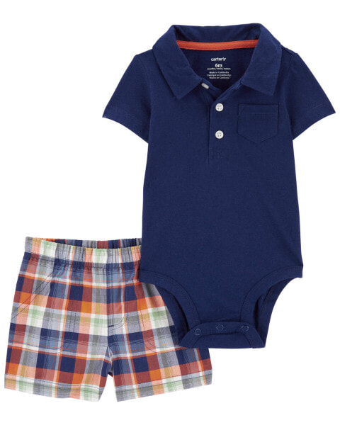 Baby 2-Piece Polo Bodysuit & Plaid Short Set 24M