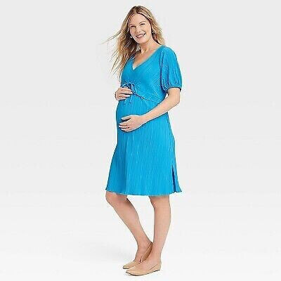 Short Sleeve Plisse Mini Maternity Empire Waist Dress - Isabel Maternity by