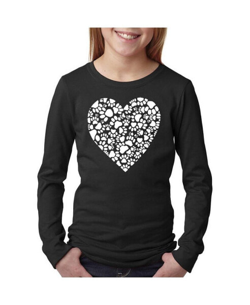Big Girl's Word Art Long Sleeve T-Shirt - Paw Prints Heart