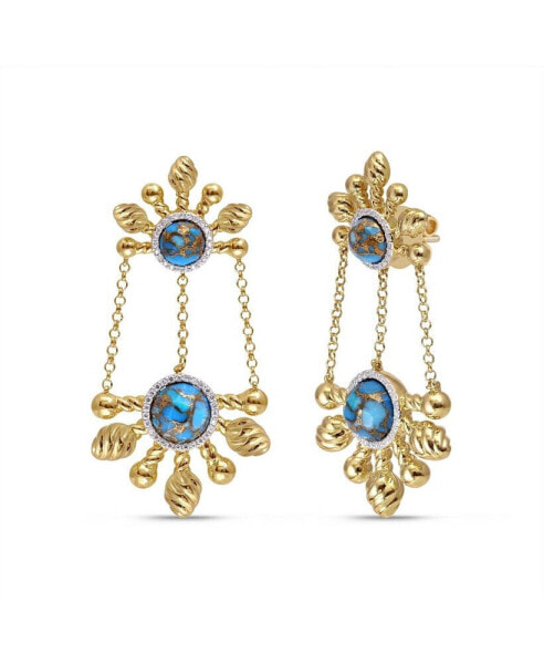 Sunny Cascade Design Yellow Gold Plated Silver Turquoise Gemstone Diamond Earring