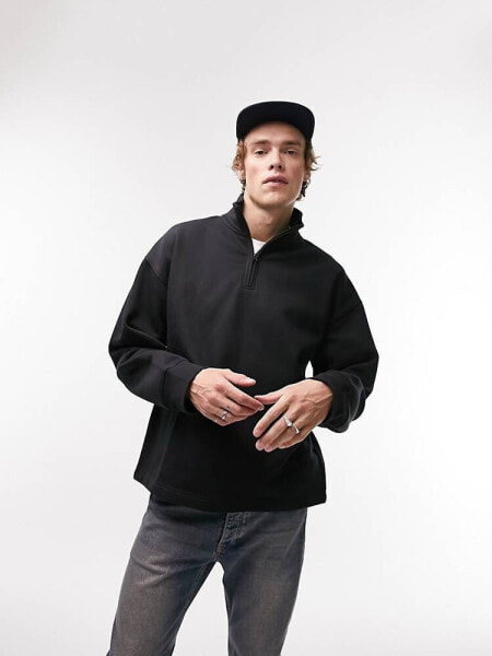 Topman oversized 1/4 zip sweatshirt in black