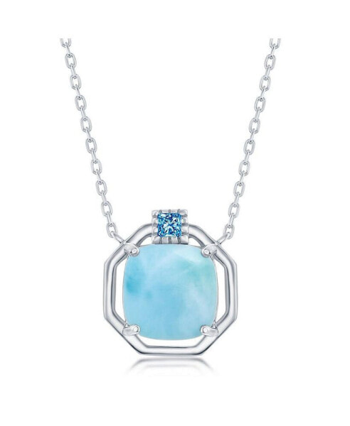 Sterling Silver Cushion-Cut Larimar with CZ Hexagon Necklace