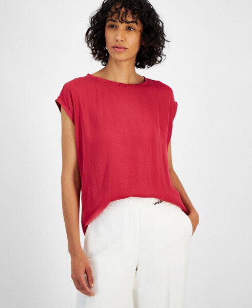 Women's Mixed-Media Scoop-Neck Drop-Shoulder Top