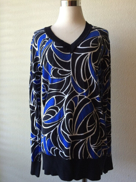 Michael Kors Women's V Neck Printed Long Sleeve Sweater Blue Black S