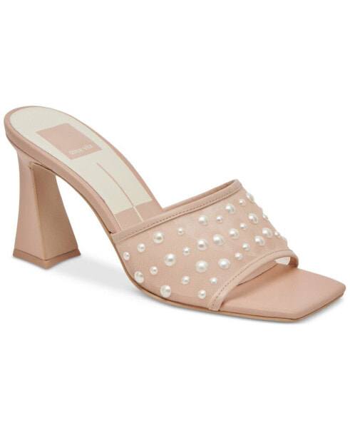 Narda Imitation Pearl Mesh Flare Heeled Dress Sandals