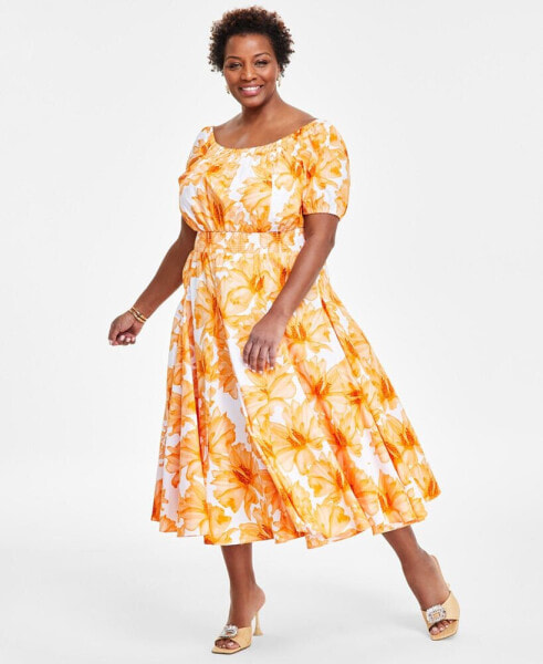 Plus Size Floral-Print Smocked Midi Dress, Created for Macy's