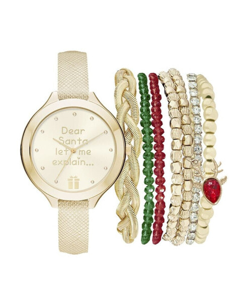 Women's Analog Dear Santa Strap Watch 34mm with Red, Green and Gold-Tone Bracelets Set
