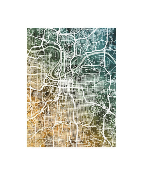 Michael Tompsett Kansas City Missouri City Map Teal Orange Canvas Art - 27" x 33.5"