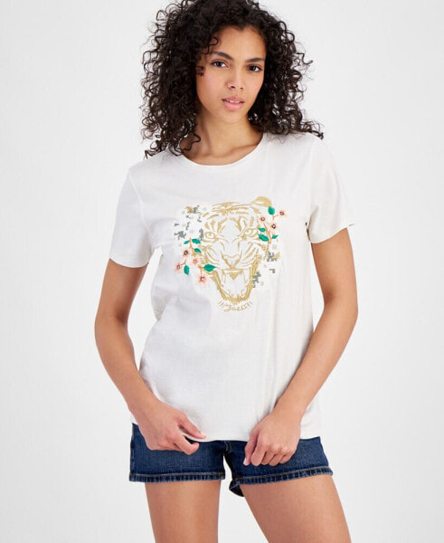 Women's Embroidered Tiger Daisy Short-Sleeve T-Shirt