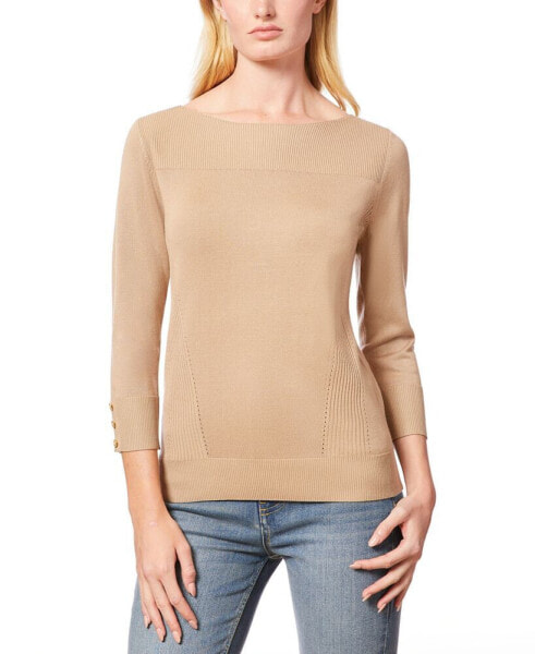 Women's Boat-Neck Ribbed-Trim 3/4-Sleeve Sweater