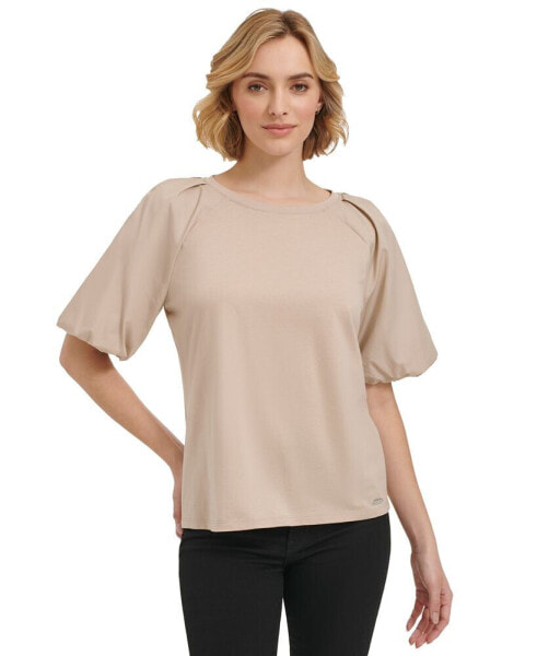 Women's Mixed Media Puff Sleeve Top