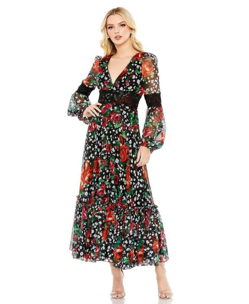 Women's V-neck Floral Long Puff Sleeve Ruffle Dress