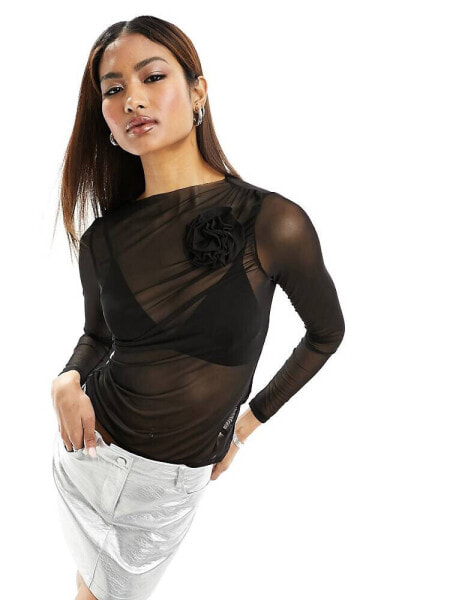 Vila sheer ruched detail top with flower detail in black 