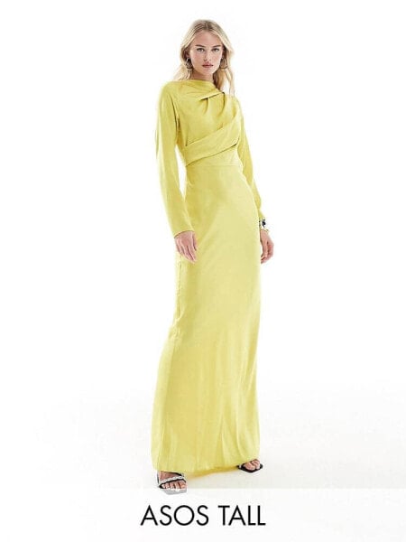 ASOS DESIGN Tall satin button shoulder maxi dress with drape bodice detail in lime