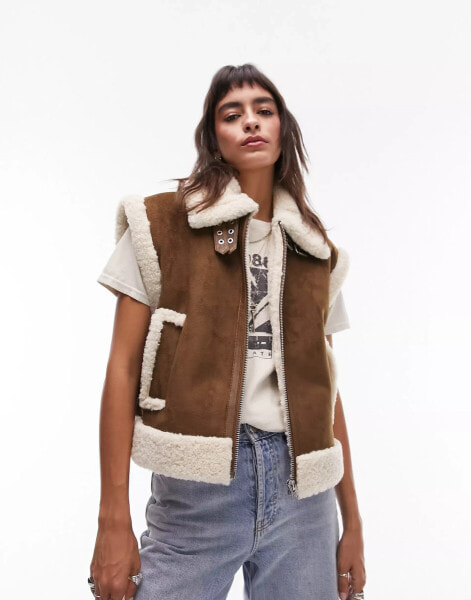 Topshop faux suede shearling oversized aviator gilet in chocolate