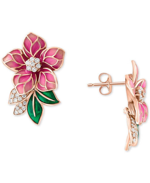 EFFY® Diamond (1/4 ct. t.w.) & Enamel Flower Earrings in 14k Rose Gold