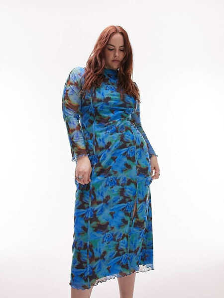 Topshop Curve floral printed mesh midi dress in blue