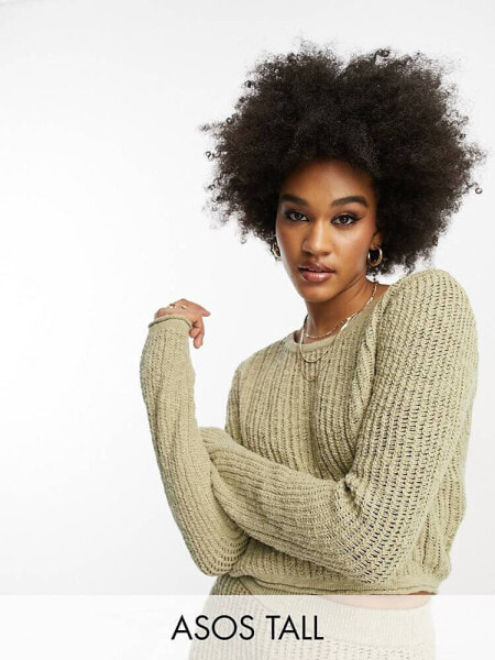 ASOS DESIGN Tall – Kurz geschnittener Pullover aus grobmaschigem Strick in strukturiertem Khaki, Kombiteil