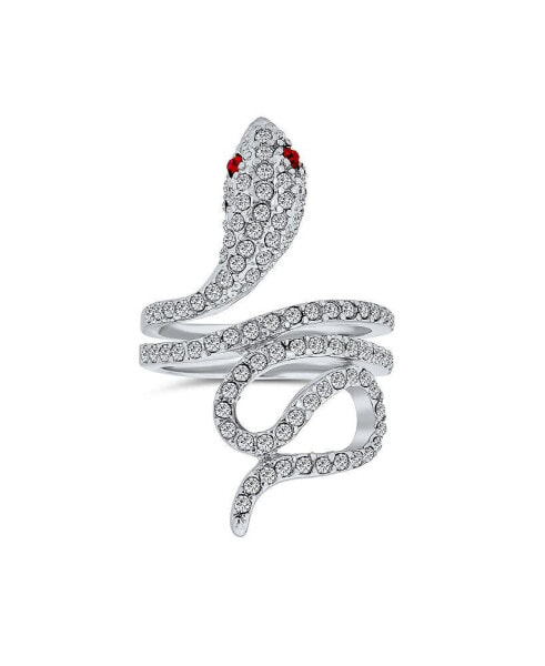 Spiral Wrap Serpent Snake Fashion Statement Ring For Women Red Eye Cubic Zirconia Pave CZ Rhodium Plated Brass