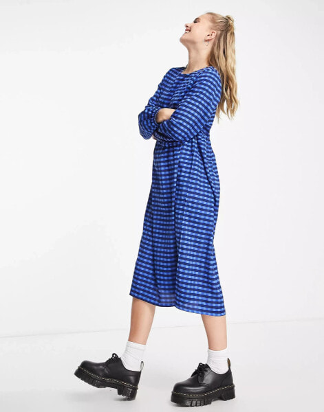 Daisy Street long sleeve smock dress in bright blue check