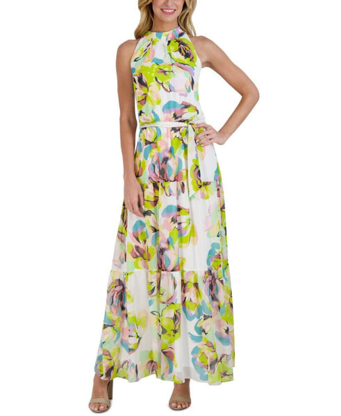 Mock-Neck Tiered Printed Chiffon Maxi Dress