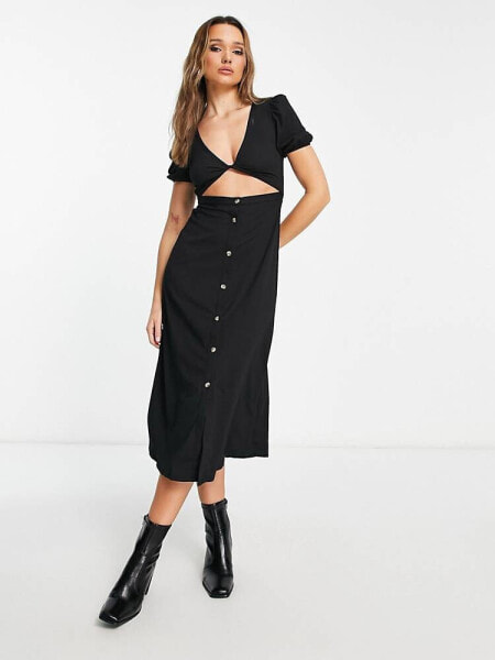 ASOS DESIGN short sleeve midi tea dress with twist front and buttons in black