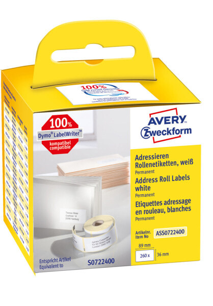 Avery Zweckform Avery ASS0722400 - White - Rectangle - Permanent - 36 x 89 mm - Rolle - Paper