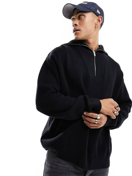 Jack & Jones high neck quarter zip knitted jumper in black