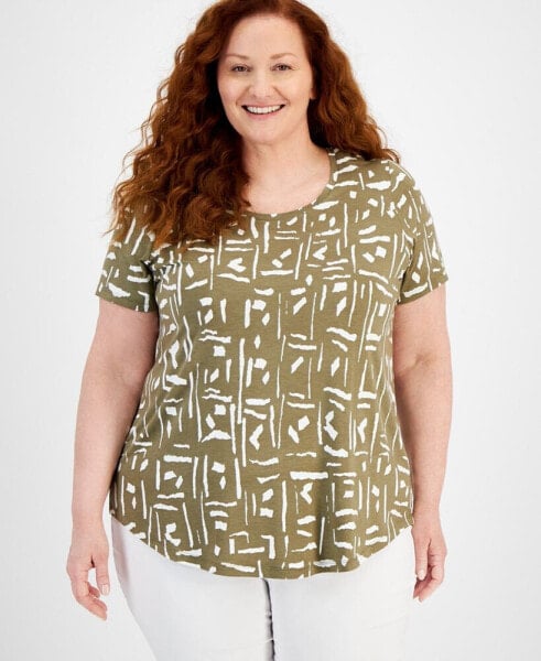 JM Collection Plus Size Geo Etch Short-Sleeve Top, Created for Macy's