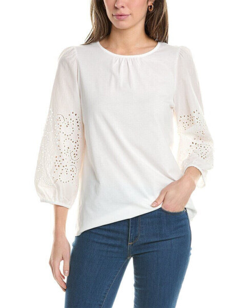 Jones New York Woven Embroidered Sleeve Top Women's White Xl