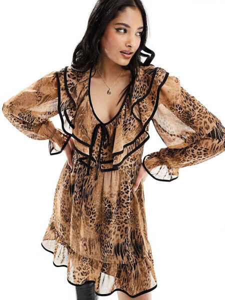 Miss Selfridge chiffon frill detail mini dress in leopard print