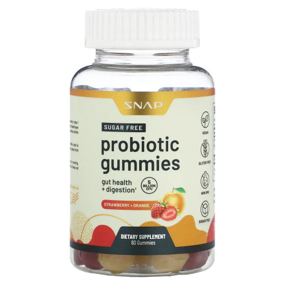 Пробиотики Snap Supplements, Sugar Free, клубника + апельсин, 5 миллиардов КОЕ, 60 жевательных мишек