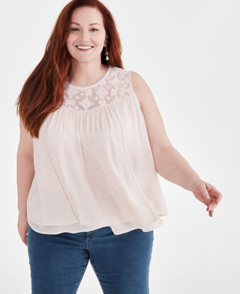 Plus Size Sleeveless Embroidered Mesh Tank Top, Created for Macy's