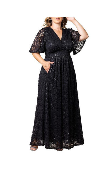 Plus Size Luminous Sequin Lace Evening Gown with Pockets