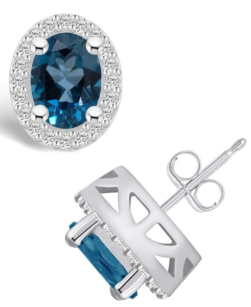 London Topaz (3-1/5 ct. t.w.) and Diamond (3/8 ct. t.w.) Halo Stud Earrings in 14K White Gold
