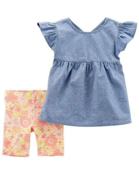 Baby 2-Piece Chambray Flutter Top & Bike Short Set 6M