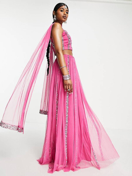 Maya linear embellished lehenga maxi skirt in pink