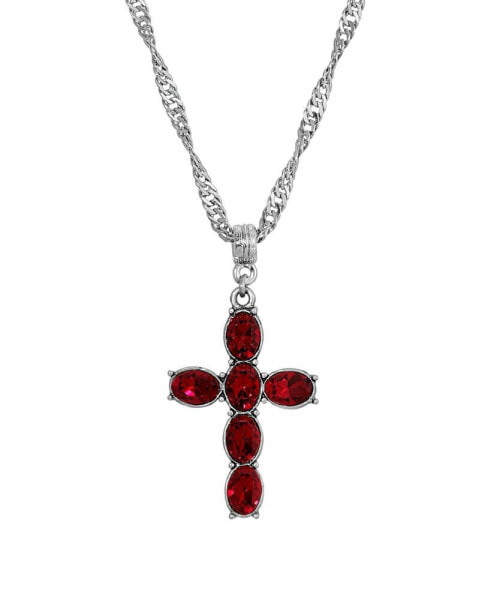 Symbols of Faith pewter Red Crystal Cross Silver-Tone Twisted Necklace