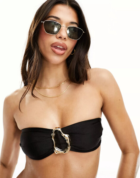 ASOS DESIGN sleek bandeau bikini top with gold hardware in black