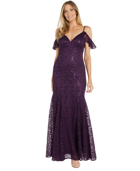 Women's Sequin Lace Cold Shoulder Gown